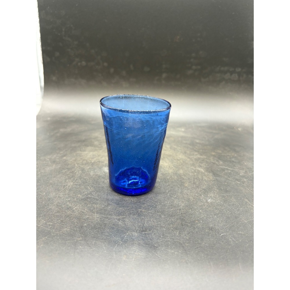 Hand Blown Cobalt Blue Glass Tumbler Seed Bubble Handcrafted Juice Glass 4in